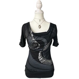 Y2K “Warehouse One” Black Abstract Print Cowl Neck Style Quarter Sleeve Top